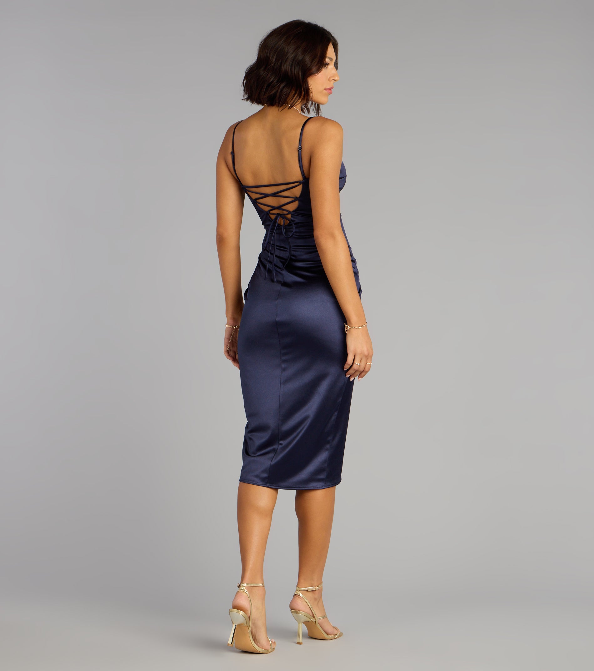 Madelyn Satin Lace-Up Midi Formal Dress - Image 6
