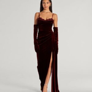 Inez Beaded Applique Velvet Formal Column Dress With Gloves