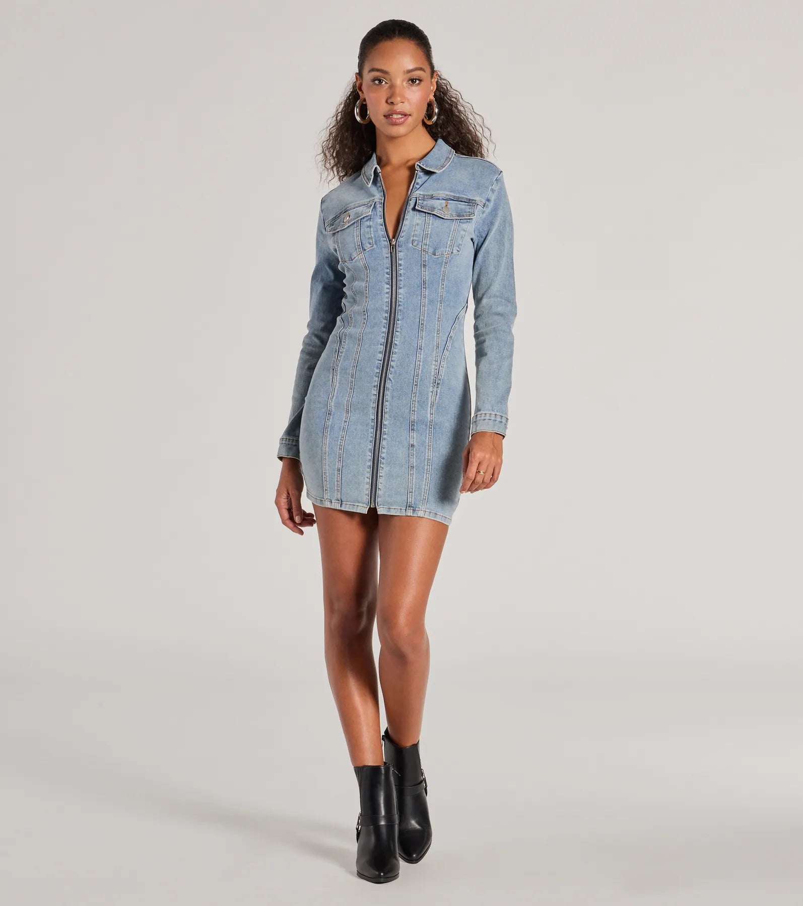 Sweet Looking Long Sleeve Denim Mini Dress - Image 3