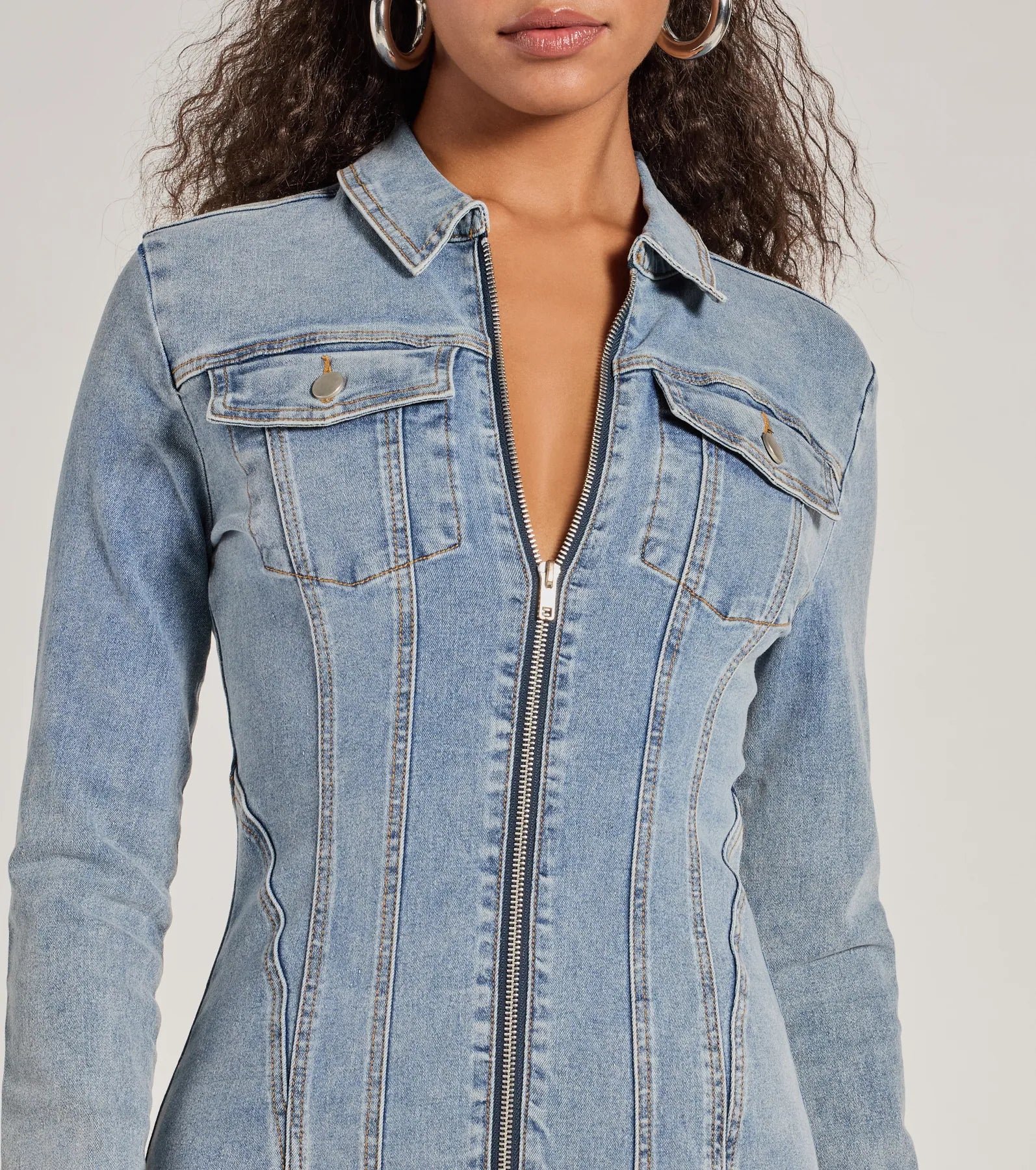Sweet Looking Long Sleeve Denim Mini Dress - Image 4