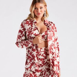 Major Muse Floral Satin Button-Down Top
