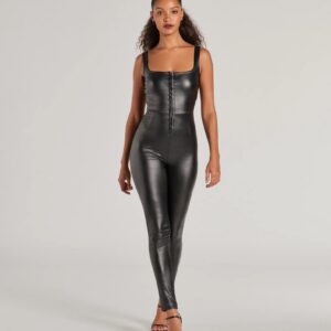 Dare To Allure Faux Leather Hook-Eye Catsuit