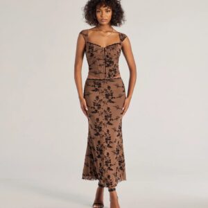 Romantic Aura Flocked Floral Mesh Maxi Skirt