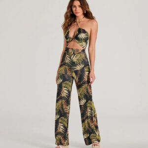 Tropical Cutie Halter Cutout Wide-Leg Jumpsuit