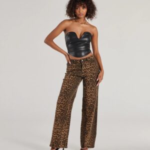 Fierce Aura Wide-Leg Leopard Print Denim Jeans