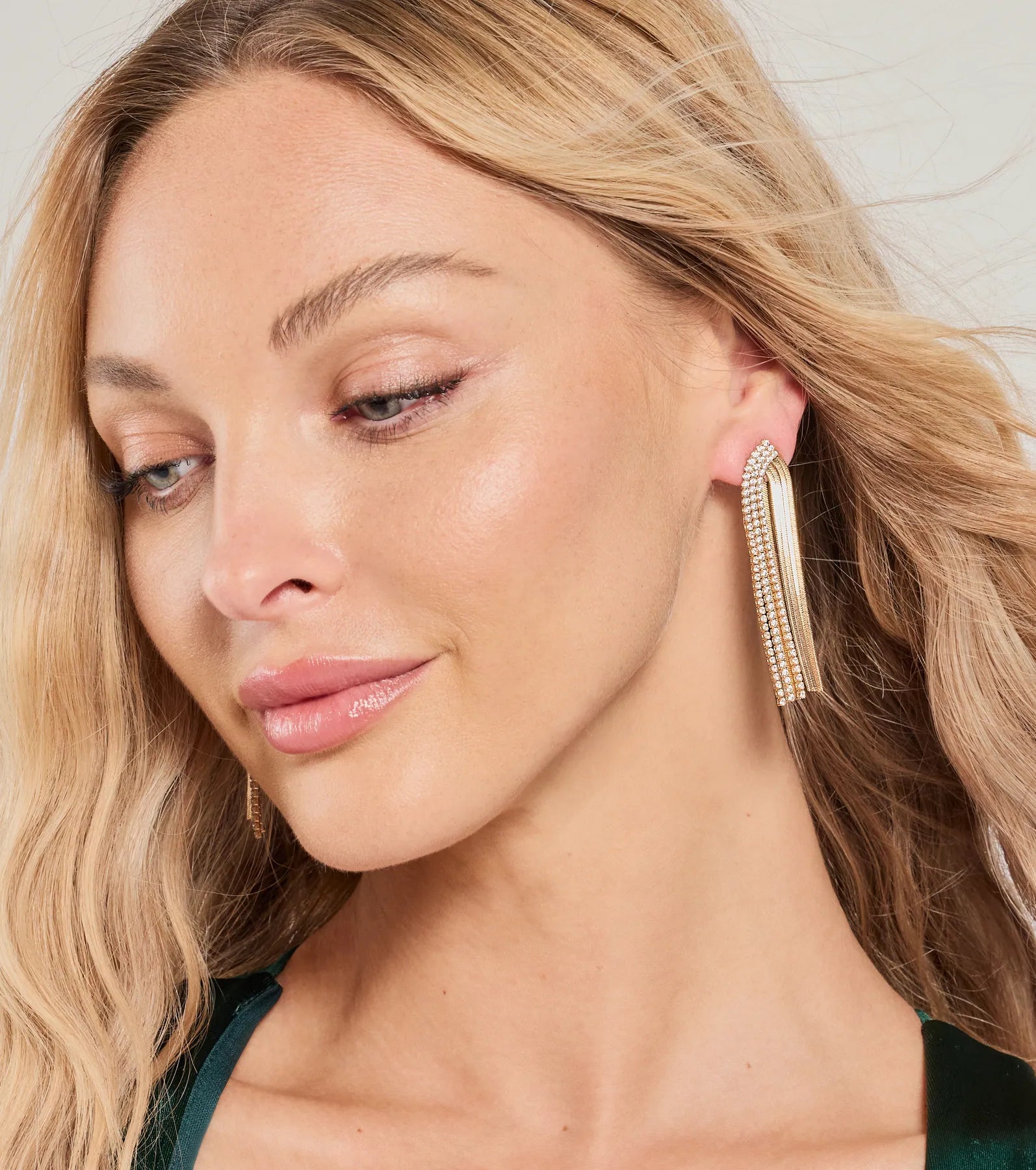 Edgy Sparkle Rhinestone Snake Chain Fringe Earrings - Image 2