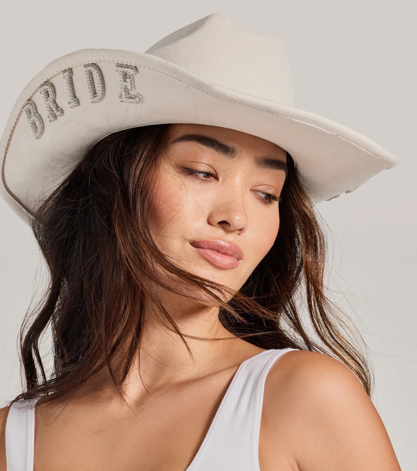 Rhinestone Faux Pearl Bride Cowboy Hat - Image 2