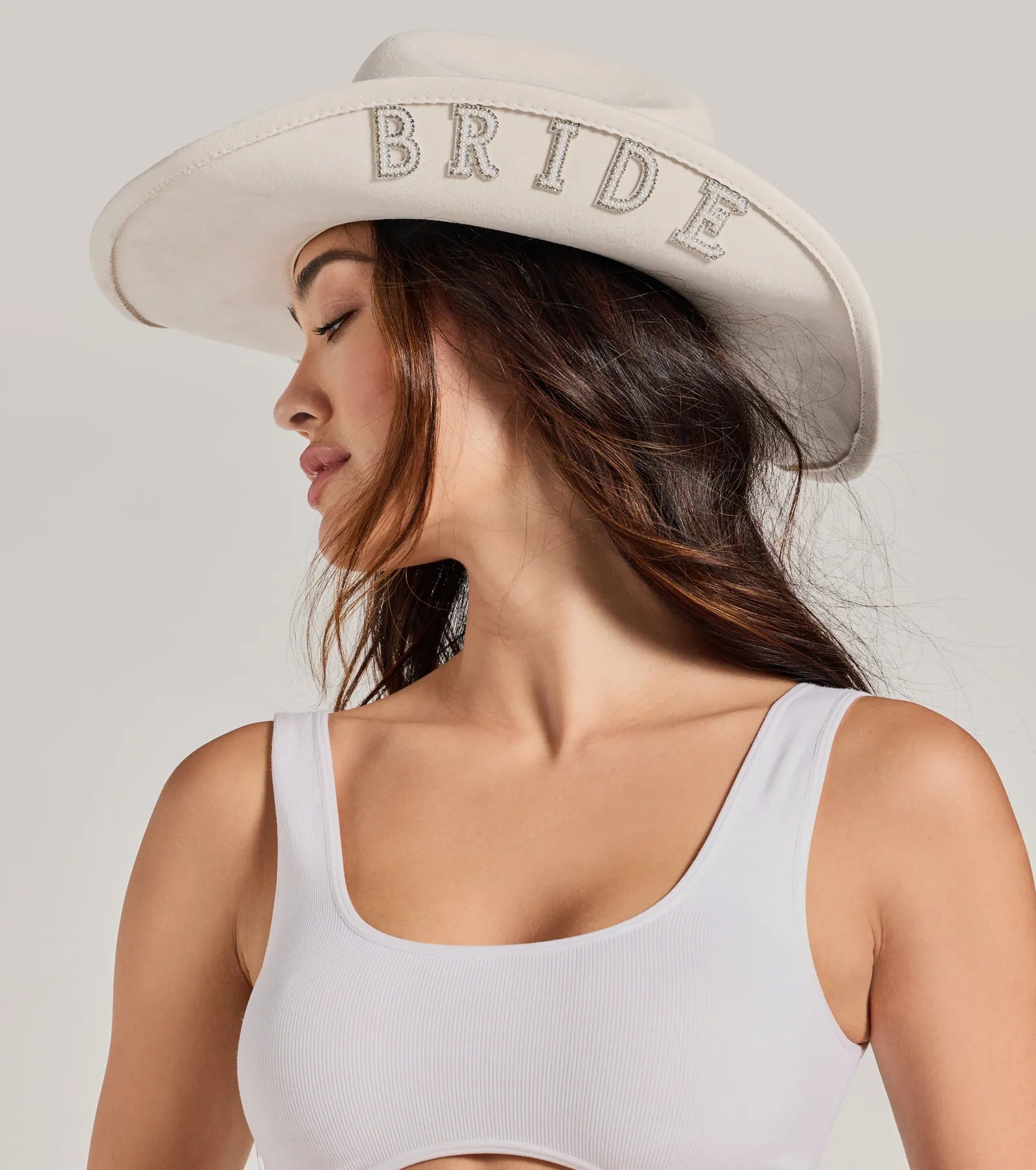 Rhinestone Faux Pearl Bride Cowboy Hat - Image 3